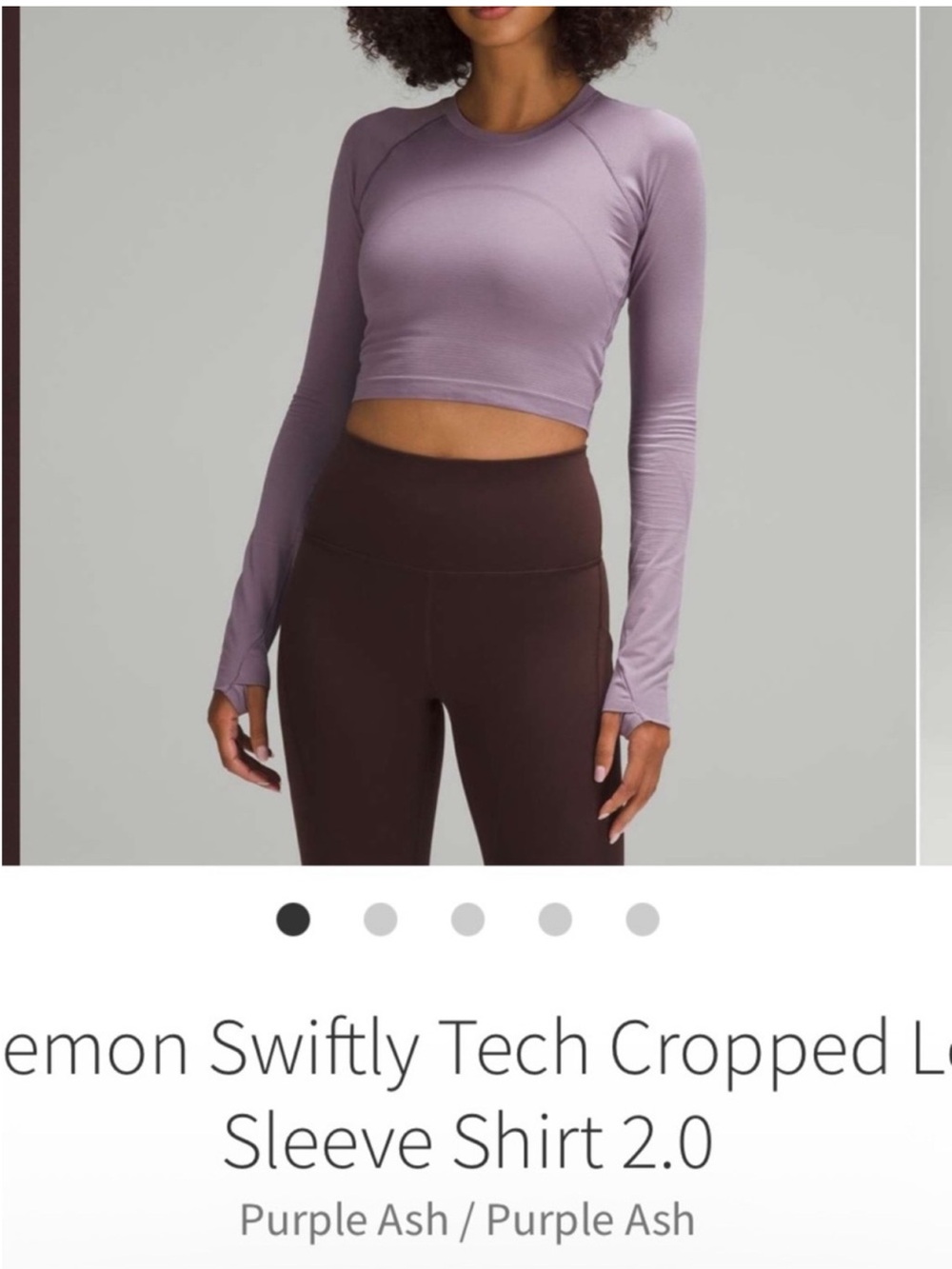 Lululemon Swiftly Tech Cropped Long Sleeve Shirt 2.0 Purple Ash Sz 4